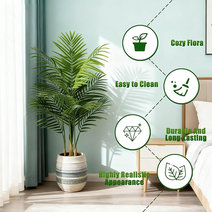 Artificial Palm Tree Indoor 4ft, Large Fake Tropical Areca Palm Tree with 13 Trunks, Faux Dypsis Lutescens Floor Plant in Pot for Indoor Outdoor Home Office Decor & Housewarming Gift