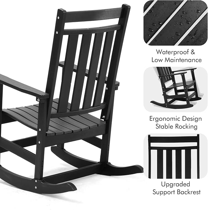 Oversized Outdoor Rocking Chairs Set of 2,All Weather Rocker Chair with More Comfortable Seat Panel for Porch Patio Outside(Black)