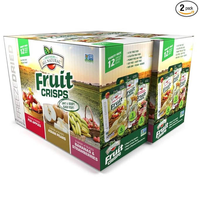 Brothers All Natural Freeze Dried Fruit Crisps, Variety Pack, 24 Single Serve Bags, Fuji Apple, Asian Pear, Banana Strawberry, Made with 100% Fruit, Gluten Free, Soy Free, Vegan, Healthy Snack