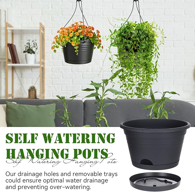 Roshtia 10 Pcs 10 Inch Hanging Baskets for Plants Large Plastic Hanging Basket Pots with Drainage Trays Self Watering Planter Pots for Outdoor Indoor Plants Flowers Garden Balcony (Black)