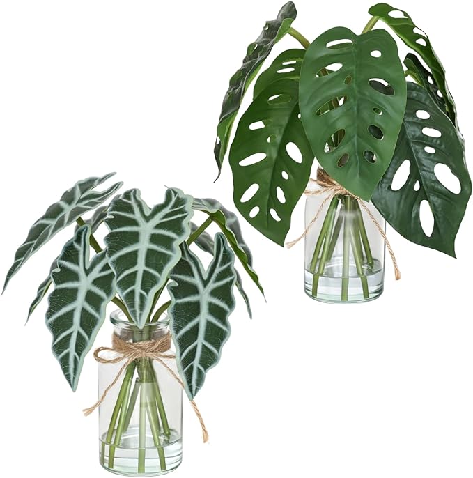 Muhanjia Artificial Flowers Turtle-Back, Alocasia Leaf, in Glass Vase with Faux Water,7Pcs Artificial Leaves Real Touch Latex Leaves for Centerpiece (2, Turtle-Back&Alocasia Leaves)