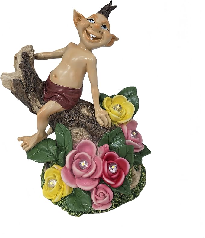 Gnome Figurine with Solar-Powered Flowers Goblin Decor Garden Gargoyle Statue for Patio Yard Balcony Housewarming Gifts for Mom Women Grandma