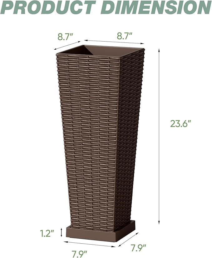 Flamaker Set of 2 Resin Rattan Planters with Tray for Indoor Outdoor, 24'' Tall Flower Pots with Drainage Holes&Inner Pot, Tapered Planters for Garden, Patio, Porch (Brown, Small)