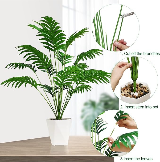 SAJANDAS Set of 2 Artificial Areca Palm Plants in Pots, 31 Inch Fake Tropical Palm Trees with Greenery Leaves and Stems, Faux Dypsis Lutescens Floor Plants for Store, Office, Home Decoration