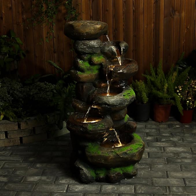 YZM 37.4" H 6-Tiers Cascading Rock Outdoor Water Fountain with LED Lights Outdoor Fountains and Waterfalls for Garden Patio Yard Deck Decor with Natural Stone Look