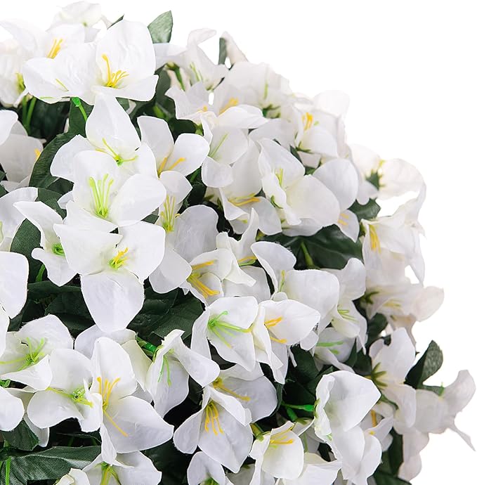 2 pcs Artificial Faux Bougainvillea Flowers Plants for Outdoor Outside Summer Decoration, Fake Silk UV Resistant Long Trailing Vines for Front Door Porch Planter Balcony (White)