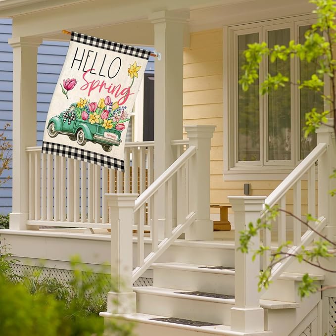 Hello Spring House Flags for Outdoor Decoration, Buffalo Plaid Truck with Flowers Large Yard Flag, Seasonal Decorative Celebration Decor for Farmhouse Holiday Outside 28x40 Inch Vertical