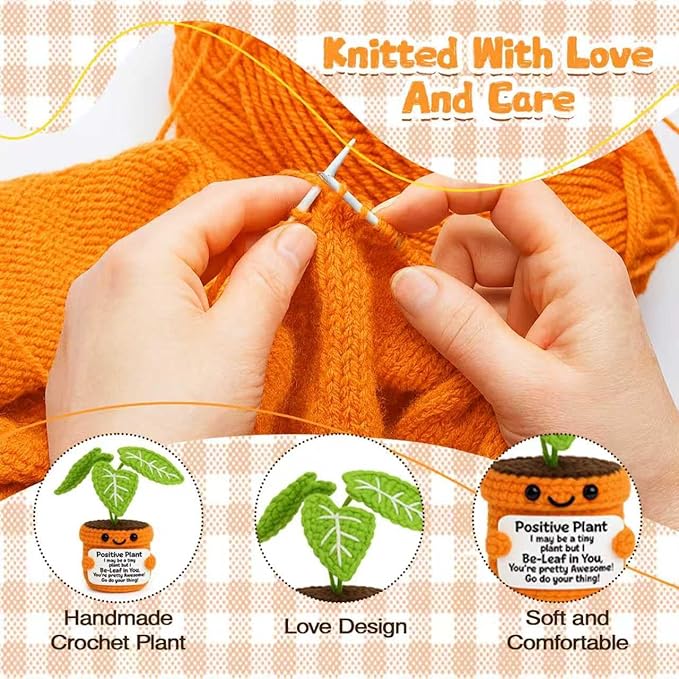 TKGIFTHOT Crochet Positive Plant Inspirational Gifts for Women Coworker Plant Lovers Friends Home Office Gifts Desk Decor Handmade Knit Potted Bookshelf Decorations