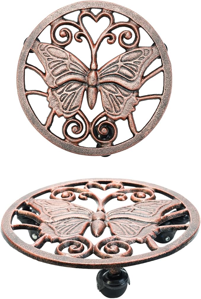 Sungmor Heavy Duty Cast Iron Plant Caddy with Wheels - 2 Pack Vintage Butterfly Design Plant Stand, Metal Rolling Plant Tray for Indoor & Outdoor Use - 11 Inch, Antique Bronze
