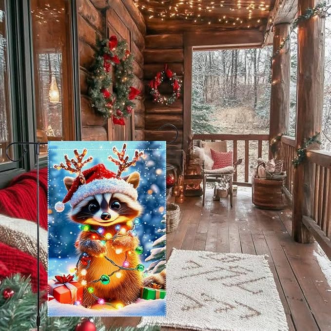 Christmas Garden Flag 12x18 Inch Double Sided Burlap Raccoon with Santa Hat and Lights Cute Winter Outdoor Yard Decoration for Holiday Porch Lawn Farmhouse Decor
