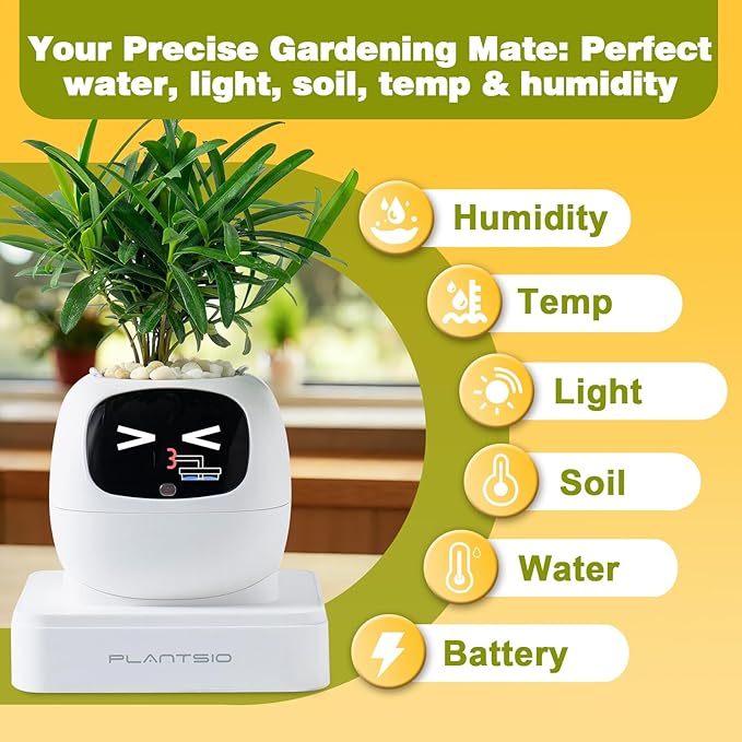 Plantsio AI Smart Pot for Plants with App Control, Self-Watering, Visual Display & 80ml Reservoir, Digital Plant Pot Supports 100+ Plants, Pomodoro Timer, Clock & Calendar,Desk & Office Planter-White