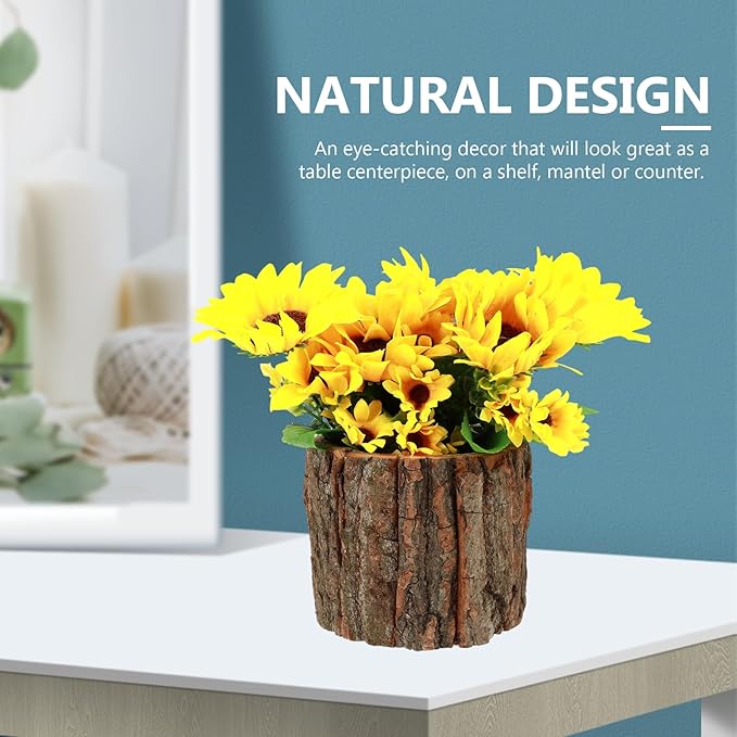 Yardwe 3Pcs Rustic Bark Design Wood Planters, Decorative Flower Pots Plant Containers for Home, Patio, Balcony, and Garden, 3.54X9.44X3.14Inch