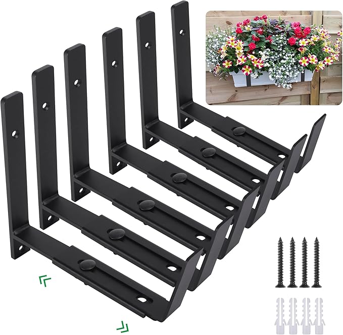 Adjustable Window Planter Box Brackets 6 Pack, Heavy Duty Wall Mount Flower Box Holder for Planter Box Depth (Front to Back) 6 to 12 Inches, Black