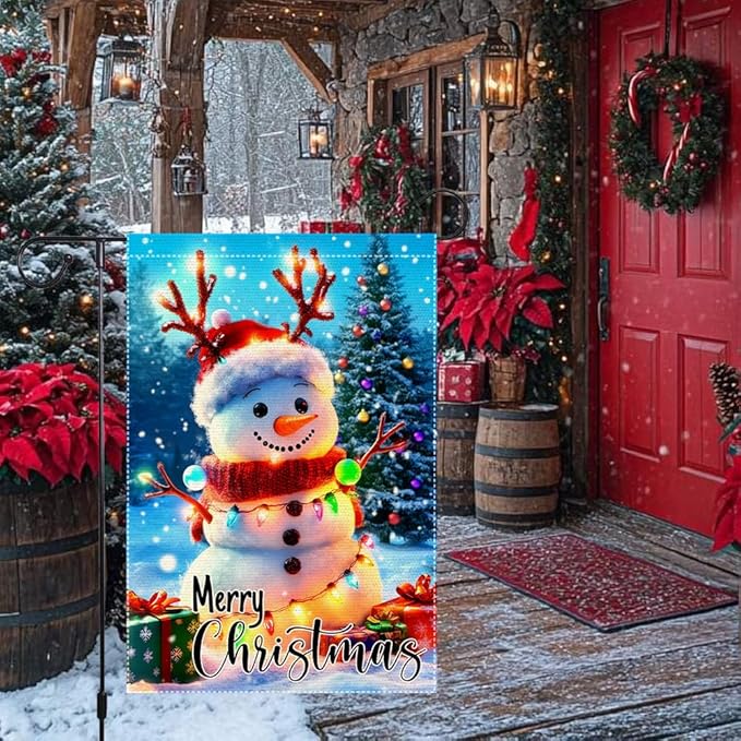 Christmas Snowman Garden Flag 12x18 Inch Double Sided Burlap Outdoor Holiday Yard Decor Cute Winter Lawn Banner with Lights Santa Hat Tree Gifts for Porch Patio Front Door