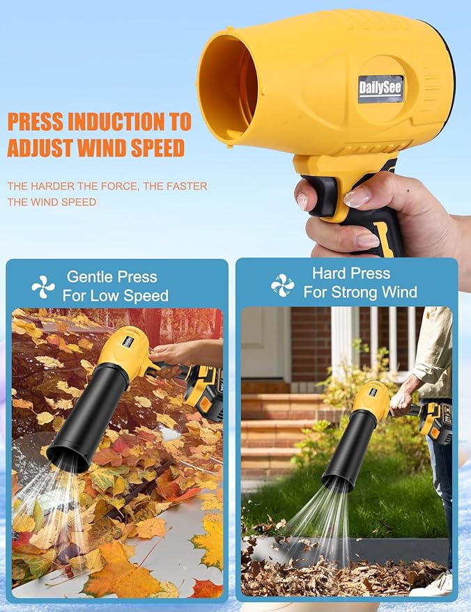 Leaf Blower Cordless, Powerful Handheld Electric Blower with 2×21V Batteries, Lightweight Leaf Blower for Lawn Care, Patio, Leaves, Snow & Dust Removal (Yellow Leaf Blower)