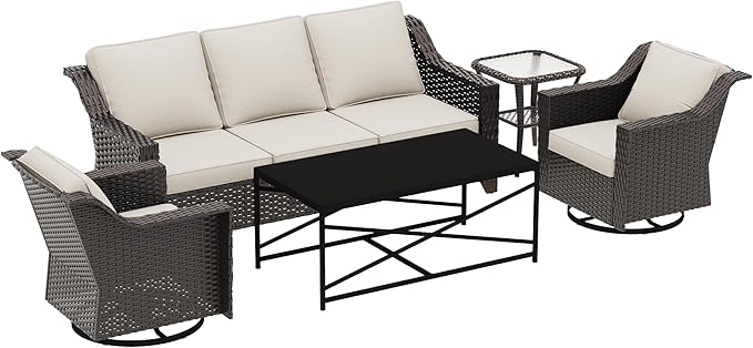 5 Pieces Outdoor Conversation Furniture Set - 77" Patio Sofa, 2 Swivel Rocker Chairs, 1 Side Table, 1 Metal Coffee Table, Patio Wicker Couch Set with Washable Cushions for Porch (Beige)