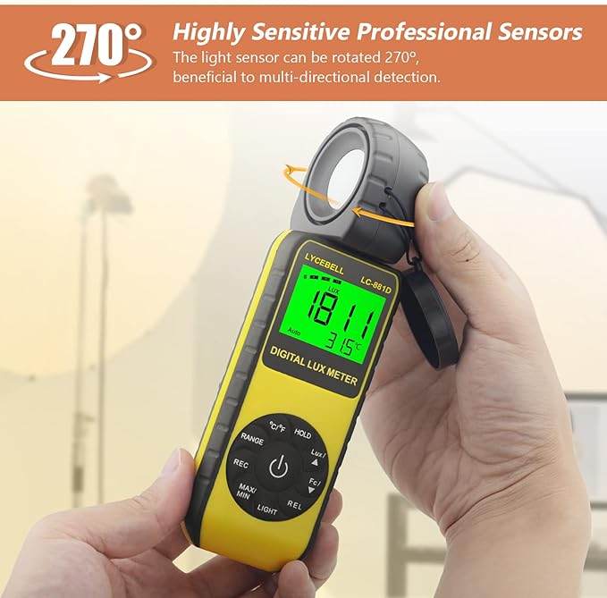 LYCEBELL Digital Illuminance Light Meter, LC-881D Luxmeter Range up to 400,000 Lux with 270º Rotated Date Hold Max/Min Backlit for Photography Plant LED Light