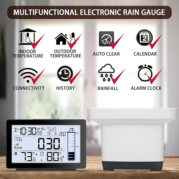 Wireless Rain Gauge Outdoor, Self-Emptying Digital Rain Gauges Outdoors Best Rated, Electronic Rain Measure Gauge for Garden, Freeze Proof Rain Gauge with Thermometer, Remote Rain Meter for Yard