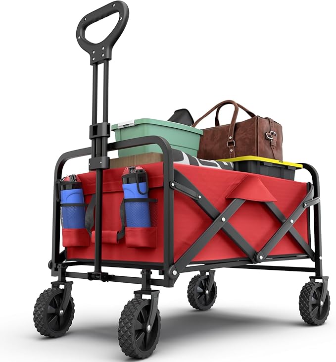 Lifetime Home Collapsible Foldable Heavy Duty Utility Wagon Cart with Larger Capacity - Perfect for Shopping, Sports Events, Grocery, Moving, Camping, Laundry, Beach - Red