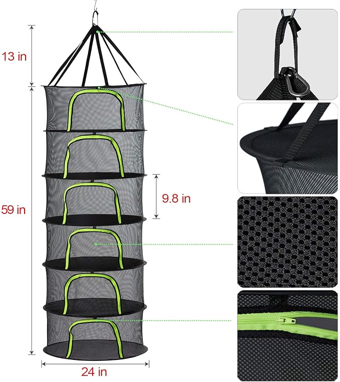 6 Tier Black Mesh Zippered Herb Drying Rack Hanging Dryer Dry Net with Pruning Shear for Hydroponics