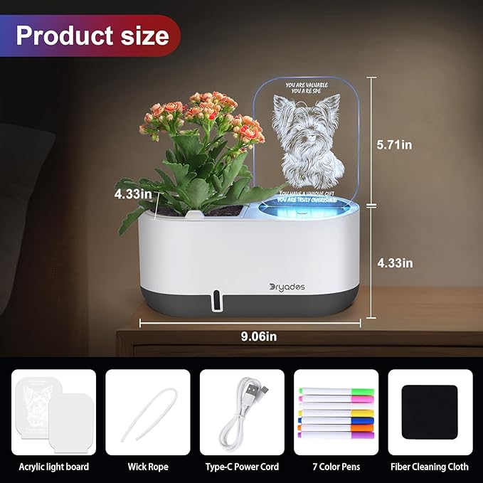 DRYADES Self-Watering Plant Pot with LED Note Board & 7 Colors Pen, Led Acrylic Message Board with Plant Pot,Dog Board Night Light with Planting Pot for Christmas/Thanksgiving/Gifts(No Plant&Seed)