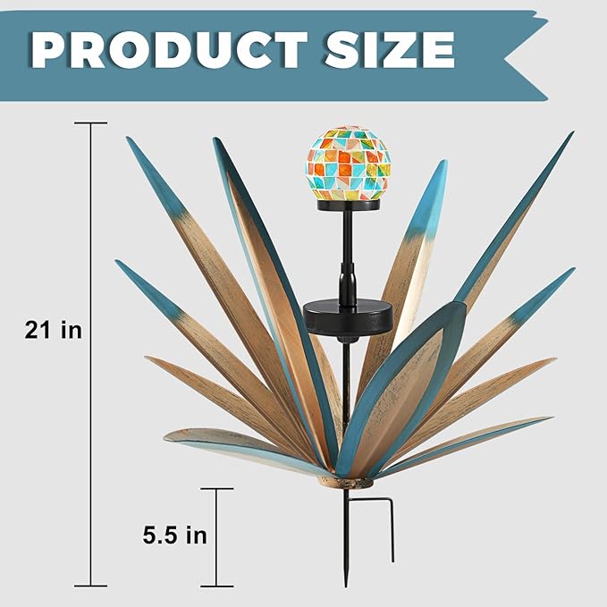 TOMBABY Enlarge Metal Plants Tequila Rustic Sculpture, Outdoor Patio Yard, Home Decor Hand Painted Agave Garden Statue, Outdoor Lawn Ornaments Yard Stakes for Mom Gift (2 Solar Blue)