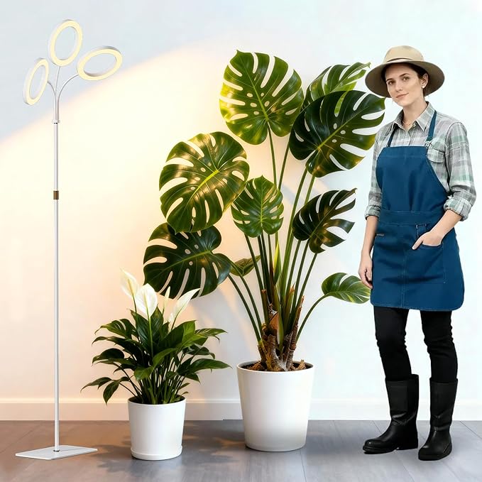 SDOVUERC Full Spectrum Grow Light with Stand for Indoor Plants, Floor Plant Light, 6/12/18H Timer, 3 Color Modes, Adjustable Height 16.5–68in, for Large Plants & Home Décor(Tri-Head,White)