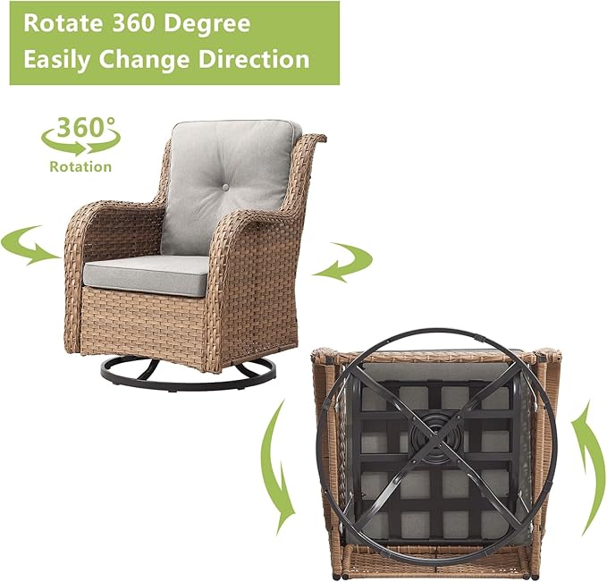 Patio Furniture Swivel Chairs Set - 8 Piece Wicker Rattan Outdoor Sectional Conversation Sets with 4 Swivel Rocking Chairs,2 Ottomans,1 Sofa and 1 Coffee Table for Porch Deck Garden(Yellow/Beige)