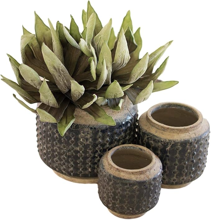MY SWANKY HOME Dark Blue Two-Tone Ceramic Planters Set Three Round Knobby Mid Century Modern