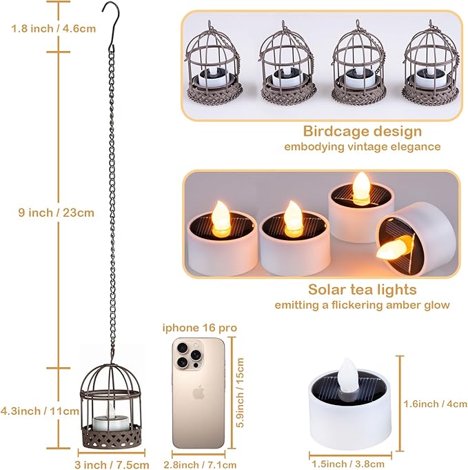 Solar-Hanging-Lanterns-Outdoor-Waterproof, Rust Birdcage Style Candle Holders with Flickering Solar Tea Lights for Backyard Patio Garden Fence Tree Decoration (4 Pack)
