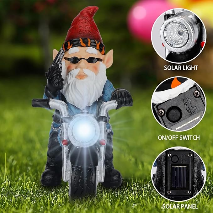 Garden Gnome Riding Motorcycle with Solar Light, Funny Outdoor Gnome Decoration Indoor Outdoor Lawn Figurines for Home Yard Décor, Medium