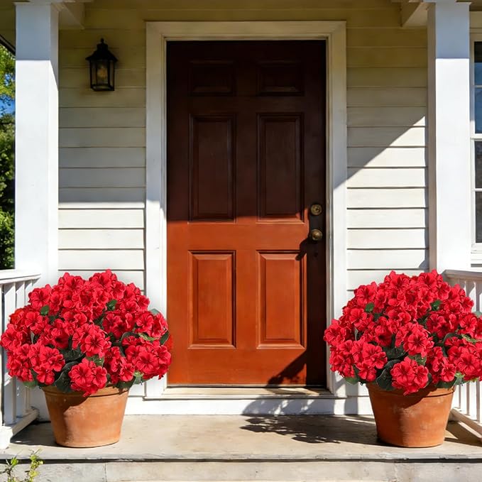 Artificial Flowers for Outdoors, 6 Bundles Realistic Silk Fake Red Geraniums, No Fade Faux Plastic Flowers for Outdoor Planters, Hanging Baskets, Window Boxes, Porch, Patio Decor