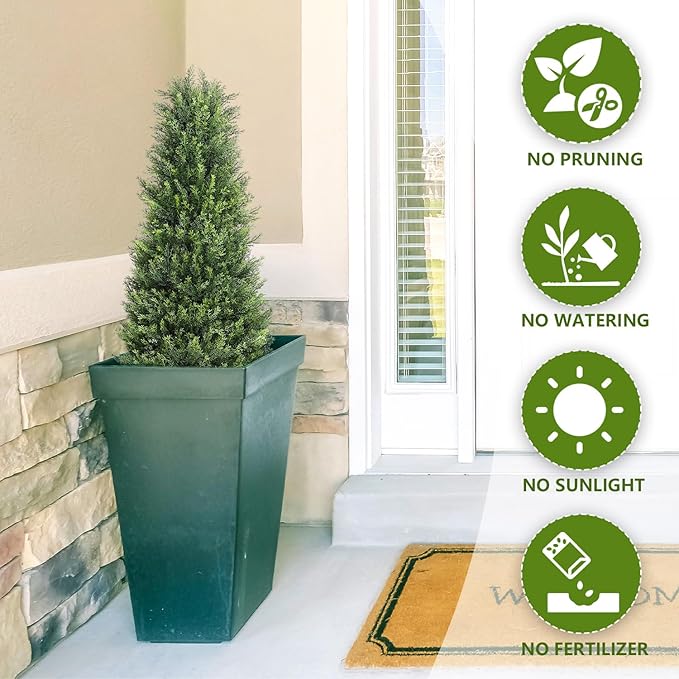 3ft Cedar Topiary Trees Artificial Outdoor Set of 2 Pack, Large Realistic Faux Plants Outdoor, UV Resistant Fake Evergreen Cone Bushes & Shrubs for Front Porch Outside Planter Christmas Decor 3 Foot