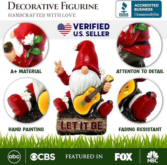 OrnamentallyYou Hippy Gnome with Guitar Garden Statue, Unique Flowers and Peace Sign