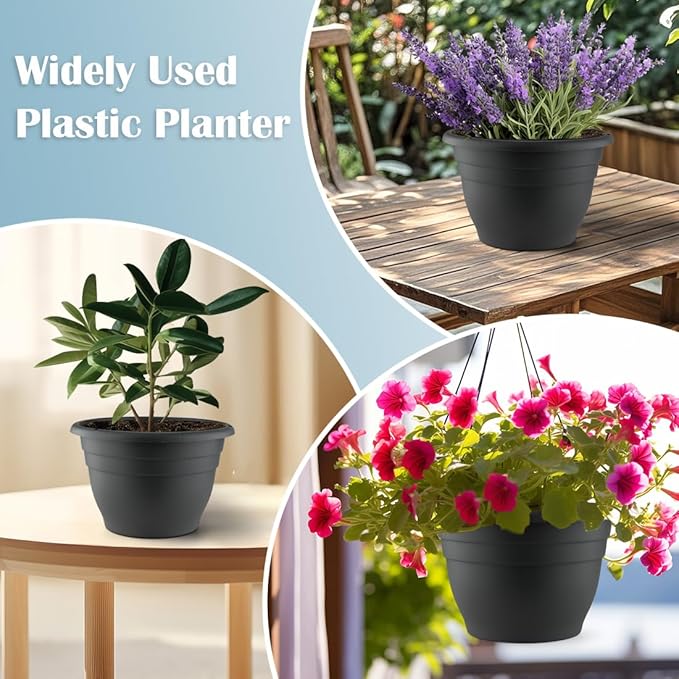 RooTrimmer 3 Pack 11 Inch Plant Pots with Drainage Hole and Plug, Durable Plastic Flower Pots for Indoor & Outdoor Plants, Elegant Mordern Plant Pots Perfect for Herbs, Flowers & Succulents, Gray