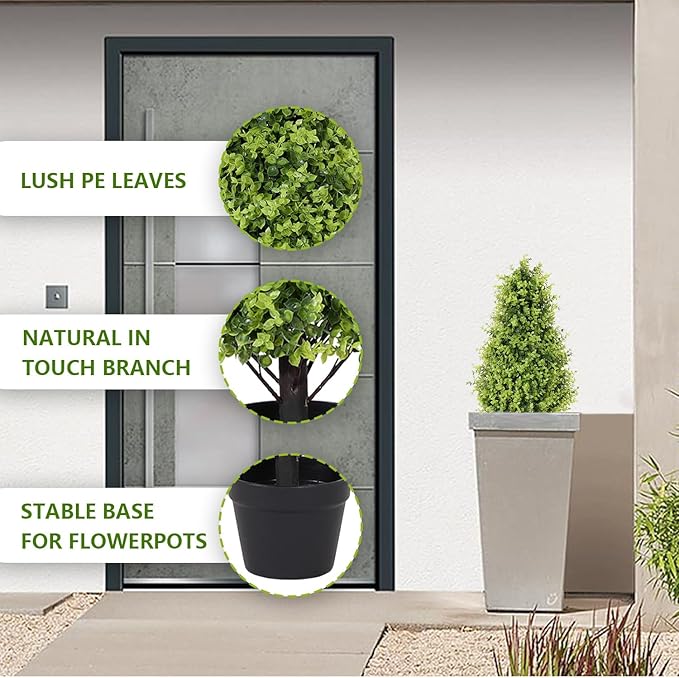 Binnny Flower 30" Tall Artificial Boxwood Topiary Trees, Set of 2 – UV Resistant Faux Evergreen Shrubs and Bushes for Outdoor Planters, Realistic Fake Plants for Front Porch Outside Patio Garden