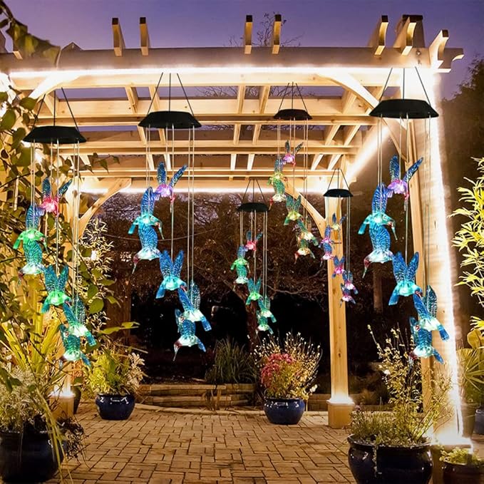 Chasgo Solar Hummingbird Wind Chime Color Changing Solar Mobile Wind Chime Outdoor Mobile Hanging Patio Light