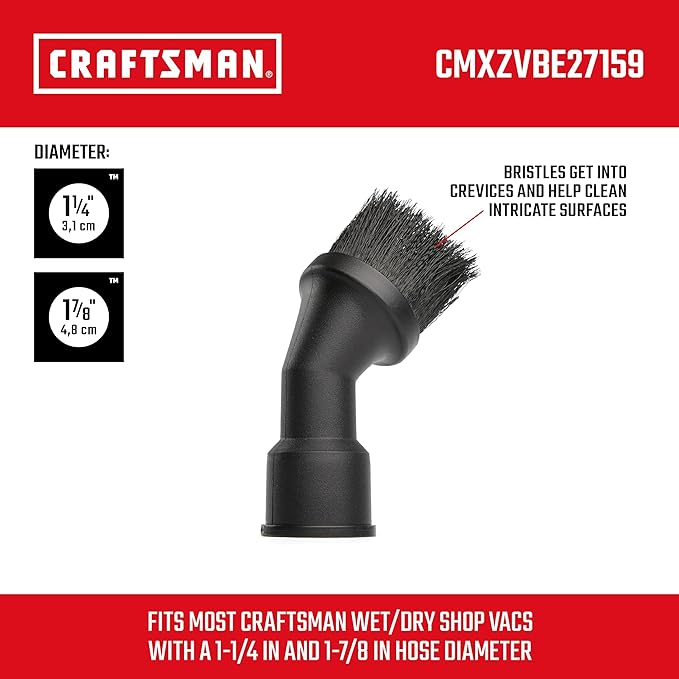 CRAFTSMAN CMXZVBE27159 1-1/4 and 1-7/8 inch DUAL-FIT Dusting Brush Wet Dry Vac Attachment, Industrial-Grade Accessory for Detailed Cleaning, Fits Most 1-1/4 in. and 1-7/8 in. Hose Diameters