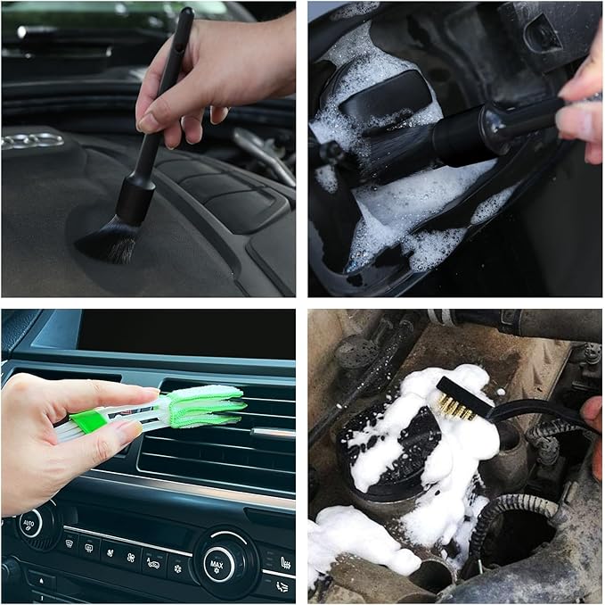 10pcs Detailing Brush Set, Multi-Purpose Car Detailing Brushes for Cleaning Car Interior, Exterior, Engine, Leather, Including 5 car Cleaning Brush, 3 Wire Brush, 2 Air Vent Brush,Black