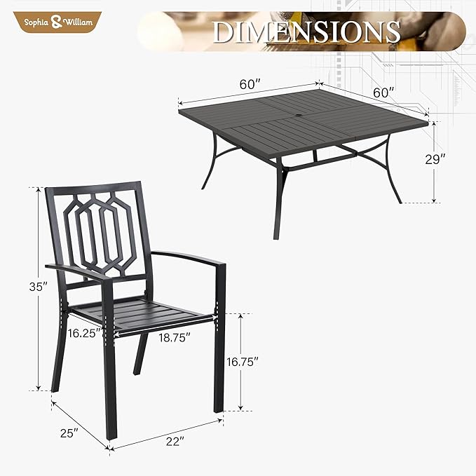 Sophia & William Patio Table and Chairs Set, Outdoor Dining Set for 8, 9 Piece Metal Patio Furniture, 60" Black Square Table(Geometry)
