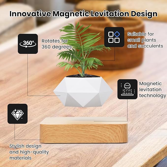 Leekimid Levitating Plant Pot, Magnetic Levitation Flower Pot Suspension Floating Plant Succulents, Air Bonsai Potted Plant for Home Decoration, Living Room, Office, Desk (White)