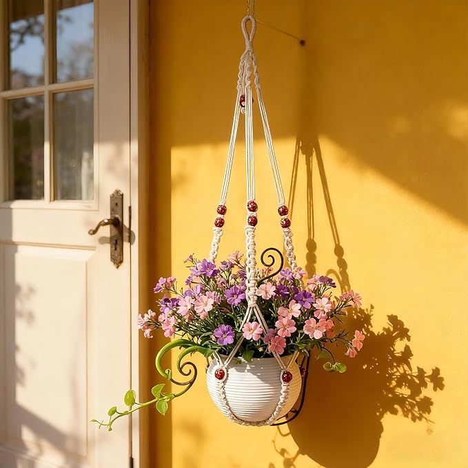HOREAKHJ 35 Inch Macrame Plant Hanger, Large for up to 15 Inch Pot Extra Long Hanging Planter Holder Basket with Wood Beads for Indoor Outdoor Home Decor (Ivory, 2-Pack)