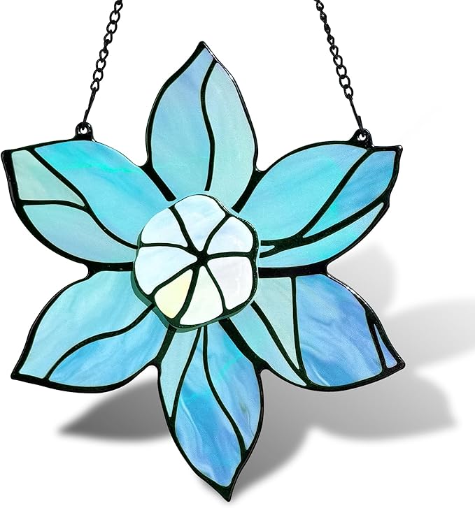 DASTOLL Stained Glass Window Hanging - Blue Christmas Flower Suncatcher for Doors Garden Kitchen Floral Sun Catchers Home Decor Birthday Holiday for Women Aunt Mom Nana Gardener