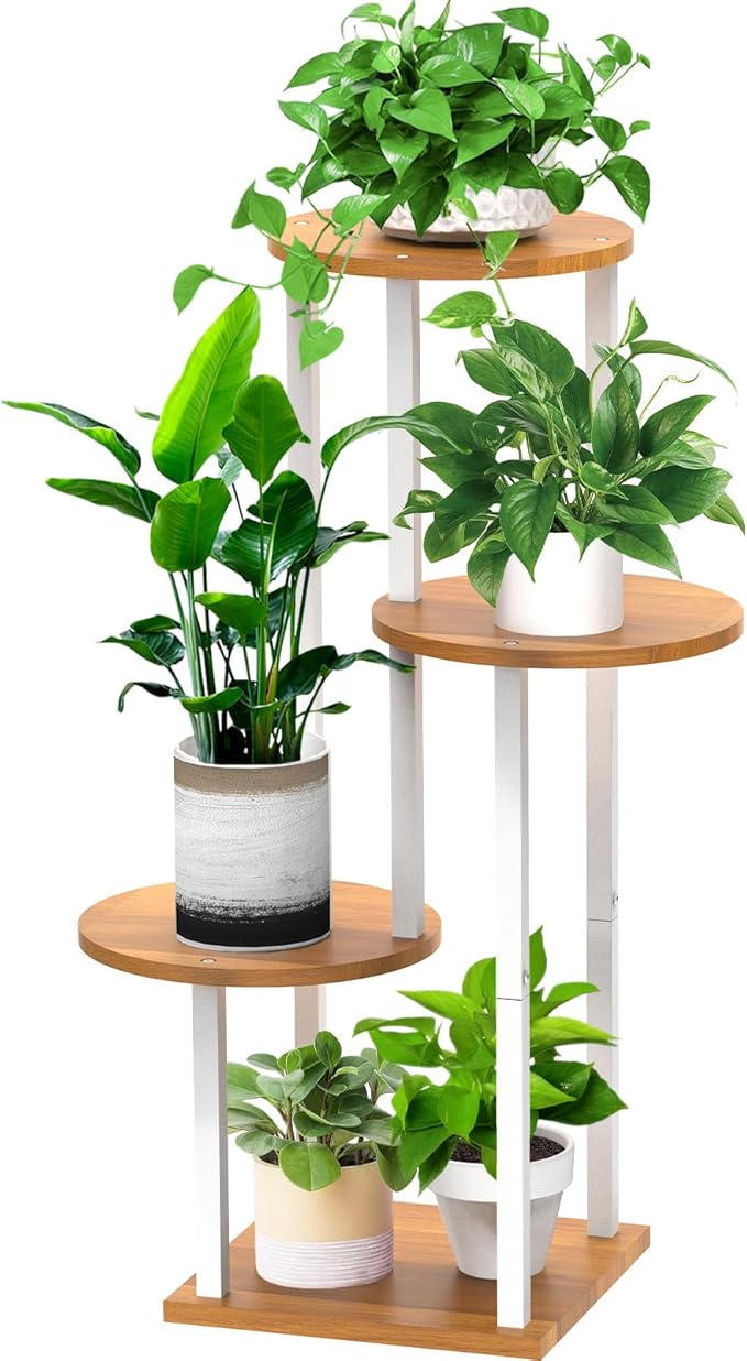 YOCOMEY Plant Stand Indoor, 4 Tier Thickened Metal Corner Plant Shelf for Multiple Plants, Indoor Plants Tiered Flower Pot Stand for Patio Garden Balcony Living Room Bedroom (White)
