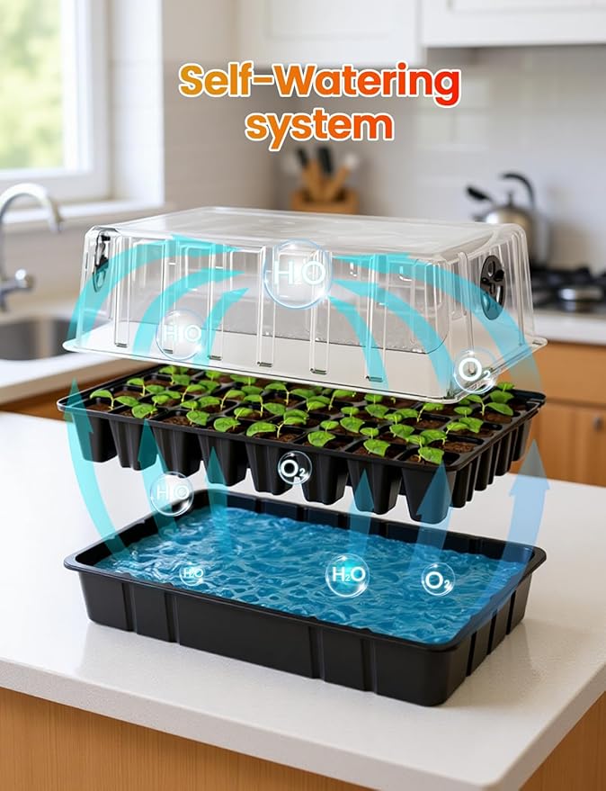 80-Cell Seed Starter Tray with 48W Full Spectrum Grow Light & 30W Heating Mat, Adjustable Dome & Light Stand, Waterproof Base, Indoor Germination Kit for Healthy Seedlings