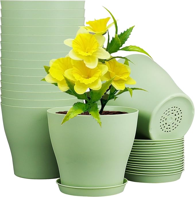 Meowell 6 inch Plastic Nursery Pots,16 Pack Plant Pots for Small Indoor Outdoor Plants, Flower Pots with Drainage Holes and Saucers, Decorative Seedling Starter Planters for House Plants, Green