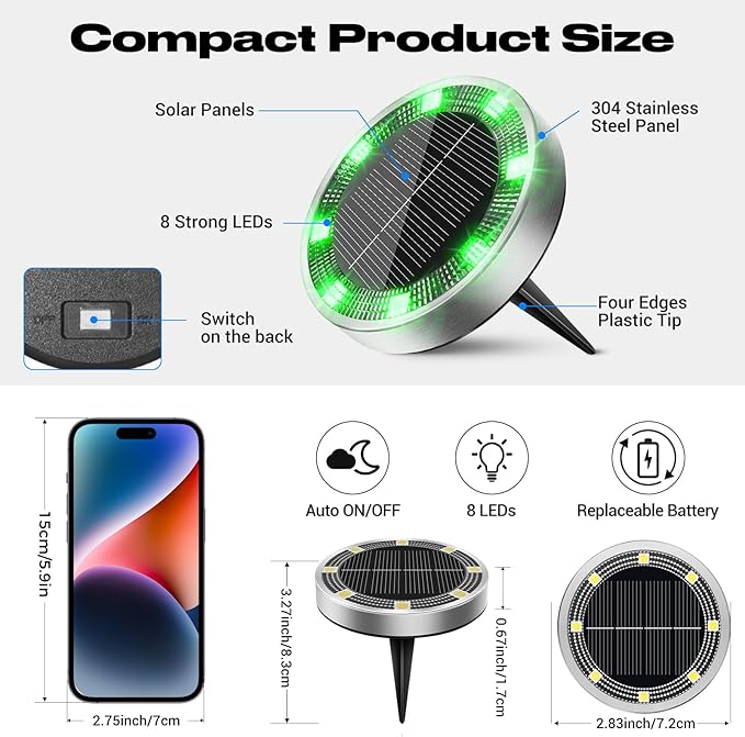 Peasur Mini Solar Ground Lights Outdoor, 4 Pack Flat Solar Powered Disc Lights, IP68 Waterproof, Anti-Rust, Landscape Lighting for Pathway Garden Yard Lawn Walkway Landscape Driveway, Green