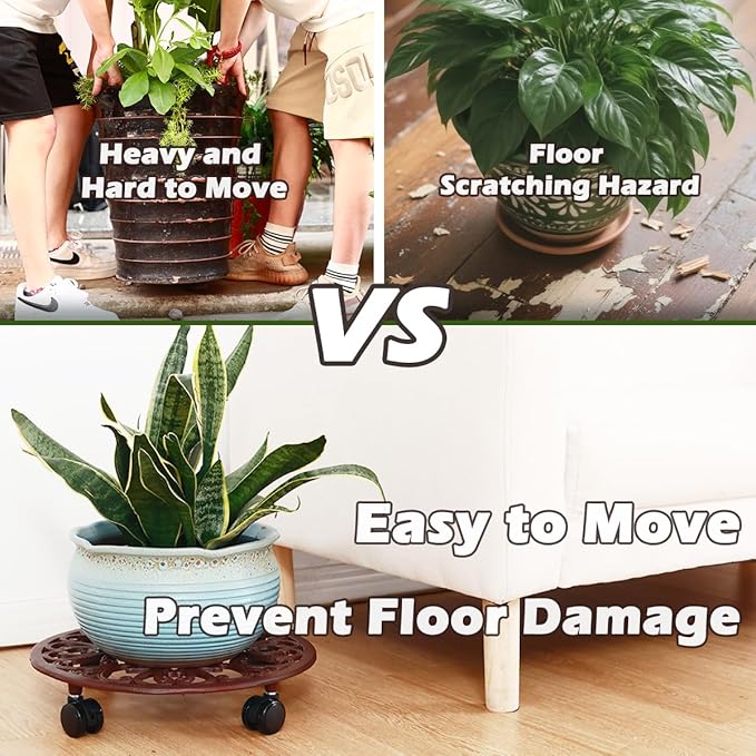 1 Packs 14 Inch Rolling Plant Stand with Wheels Metal Plant Caddy with Wheels Heavy Duty Round Plant Stand Indoor Iron Plants Rollers for Plants, Plant Dolly Brown