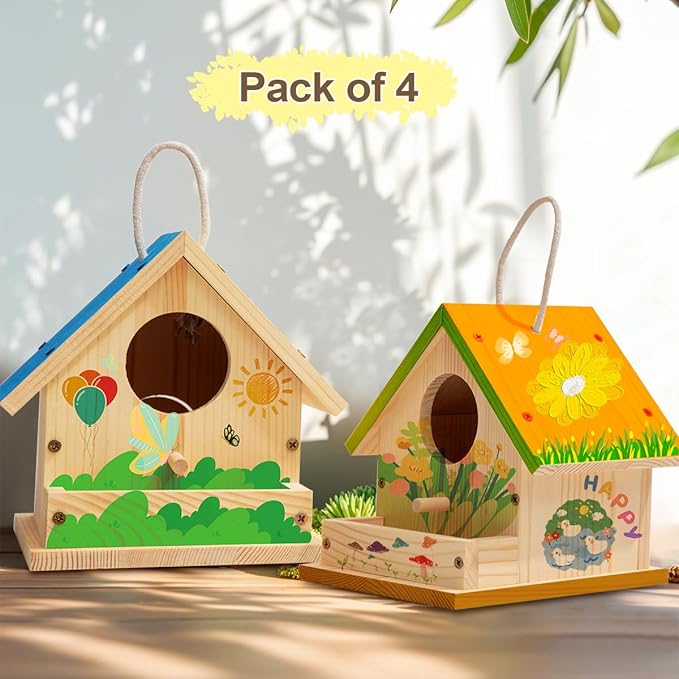 4 Sets Wooden Birdhouse Kit for Outdoor DIY Paint Your Own Wood Kid Art Craft Outdoor Birdhouse Kit Hanging Bluebird Cardinals for Spring Summer STEM Projects