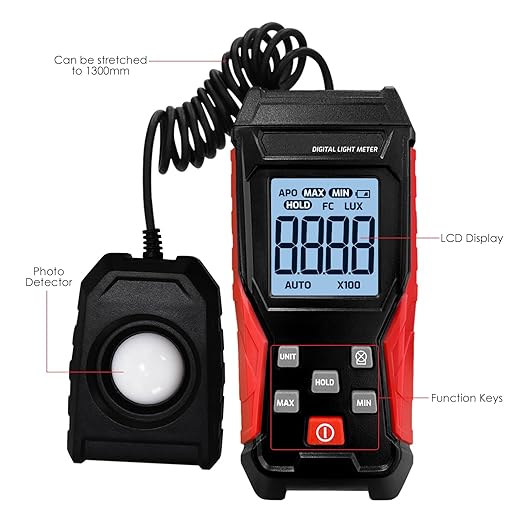 Digital Illuminance Light Meter with Flexible Sensor, Rang up to 200,000Lux Luxmeter with Lux/FC Unit Measurement Backlit 4 Digit LCD Display Light Meter Photography for Plants and Lumens LEDs